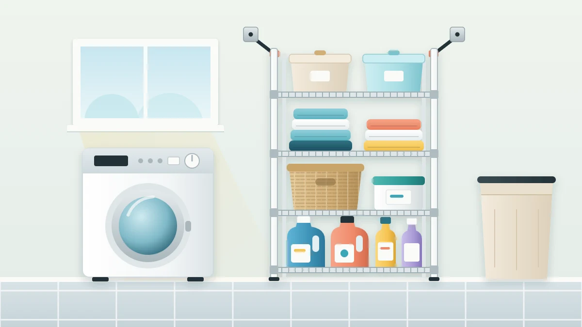 Tall white wire shelving unit beside a washer with bottles and a basket low, towels in the middle and a wall strap at the top