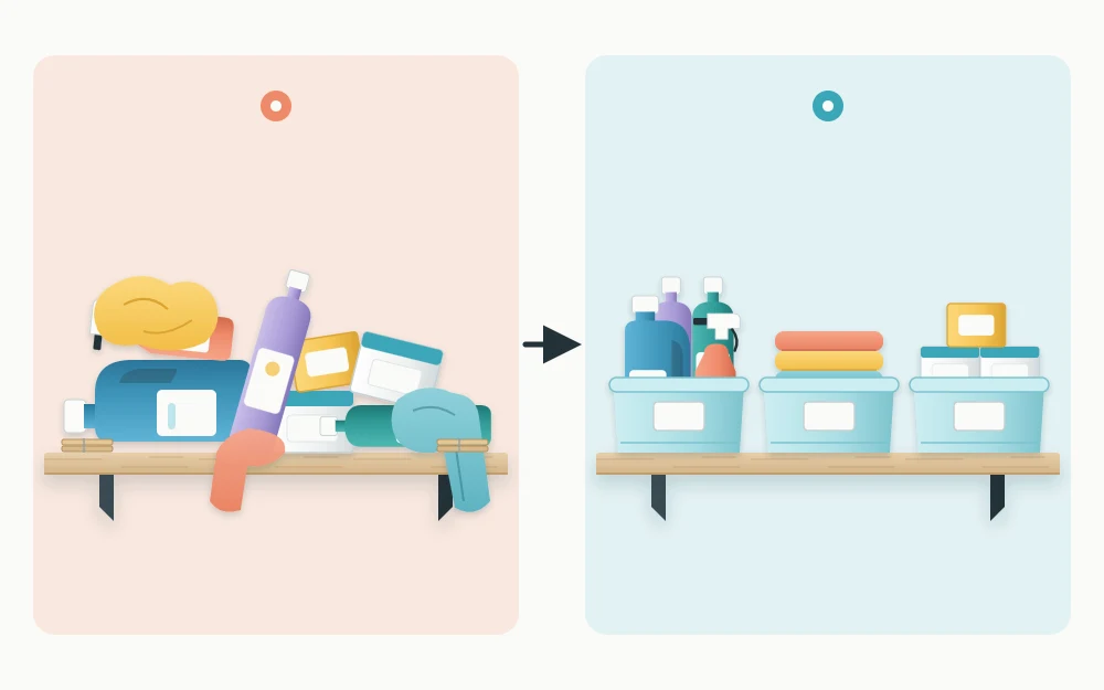 The same shelf shown twice: crowded with toppled bottles and loose cloths, then with the items grouped in three bins and space between them