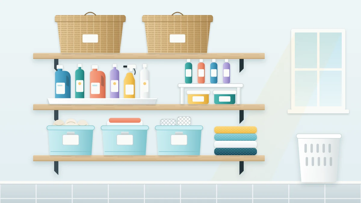 Three wooden wall shelves with lidded baskets on top, a row of bottles on a tray in the middle, and three tagged open bins with folded towels below