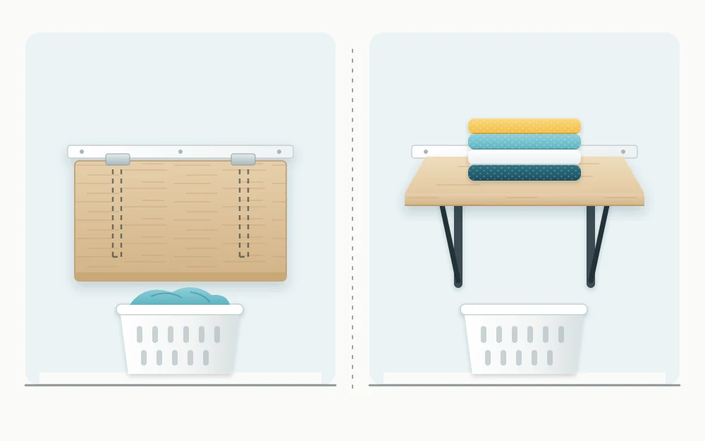 Wall-mounted fold-down table shown folded flat against the wall and opened level on two brackets with a stack of towels