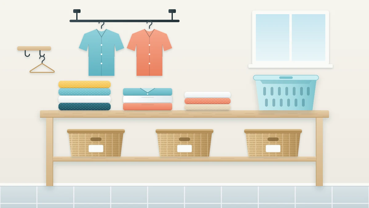 Wooden folding counter with three stacks of folded towels and shirts, an empty basket, a short hanging rod above and small baskets below