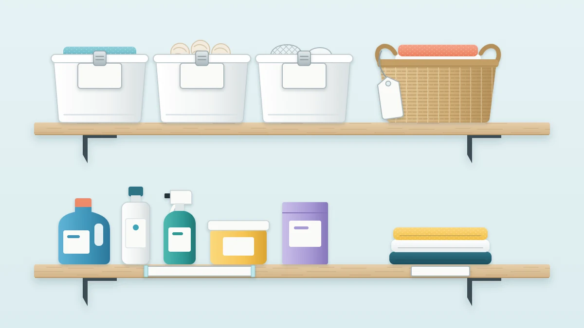 A shelf with three white bins each carrying a blank clip-on tag, a woven basket with a blank hang tag and a blank strip on the shelf edge below a row of bottles