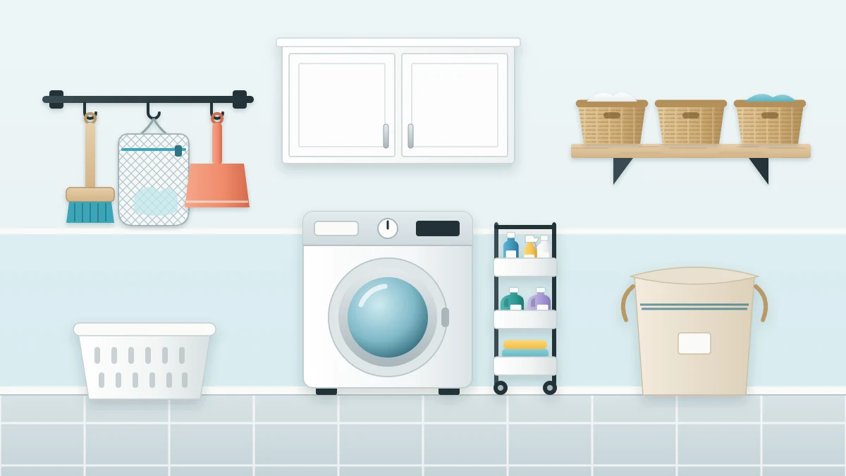 Laundry room wall with a closed white cabinet, an open wooden shelf with three woven baskets, a metal rail with hooks and a slim rolling cart beside a washer