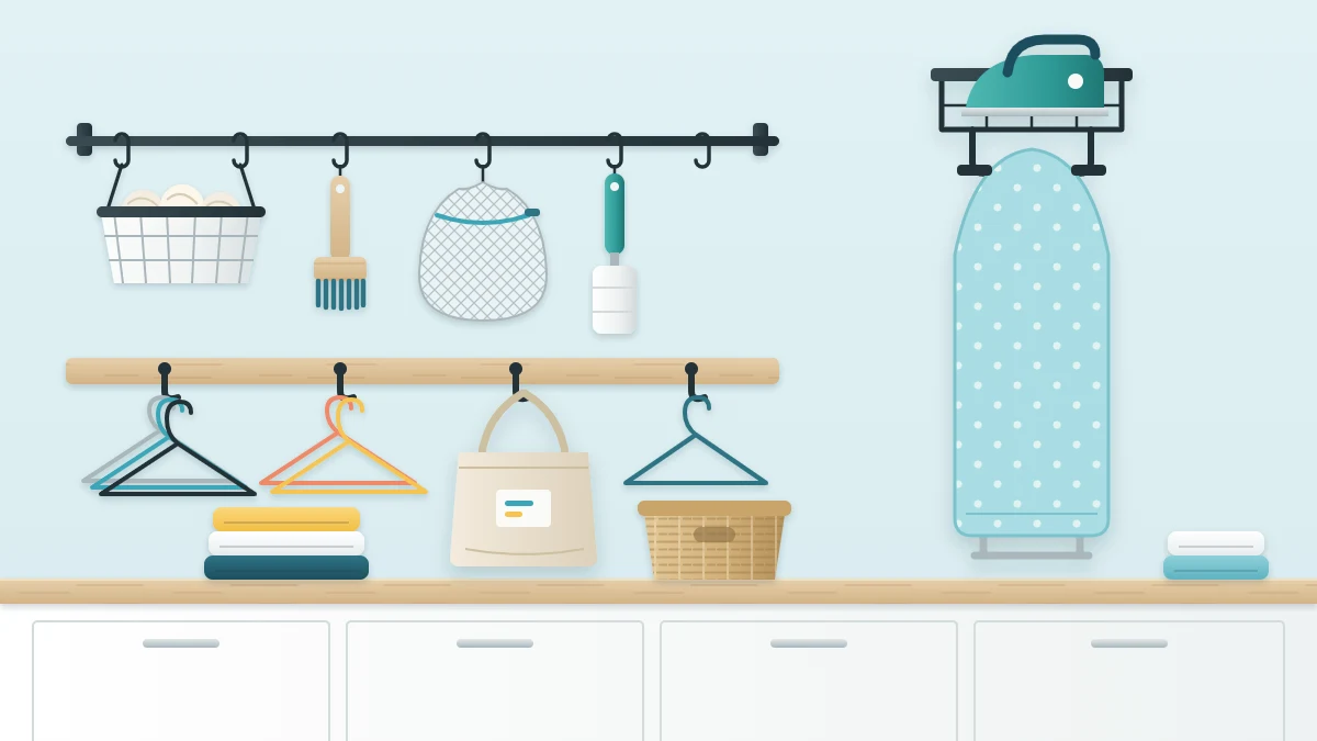 Laundry room wall with a metal rail of S-hooks, a hanging basket, an ironing board on a holder and a row of hooks