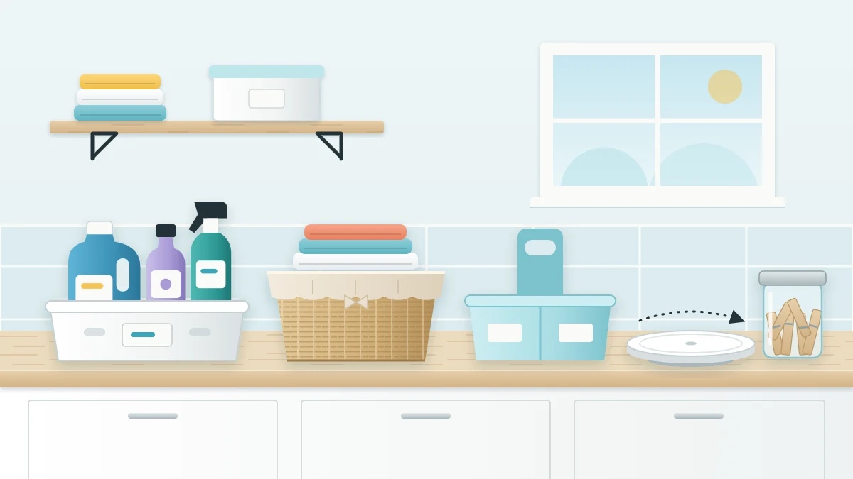 Open plastic bin with three bottles, a lined woven basket of cloths, a handled caddy, a turntable and a small jar of clothespins