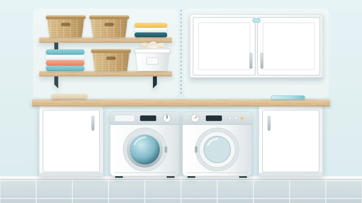 Laundry wall with two open wooden shelves of baskets and towels on the left and two closed white cabinet doors on the right above a counter