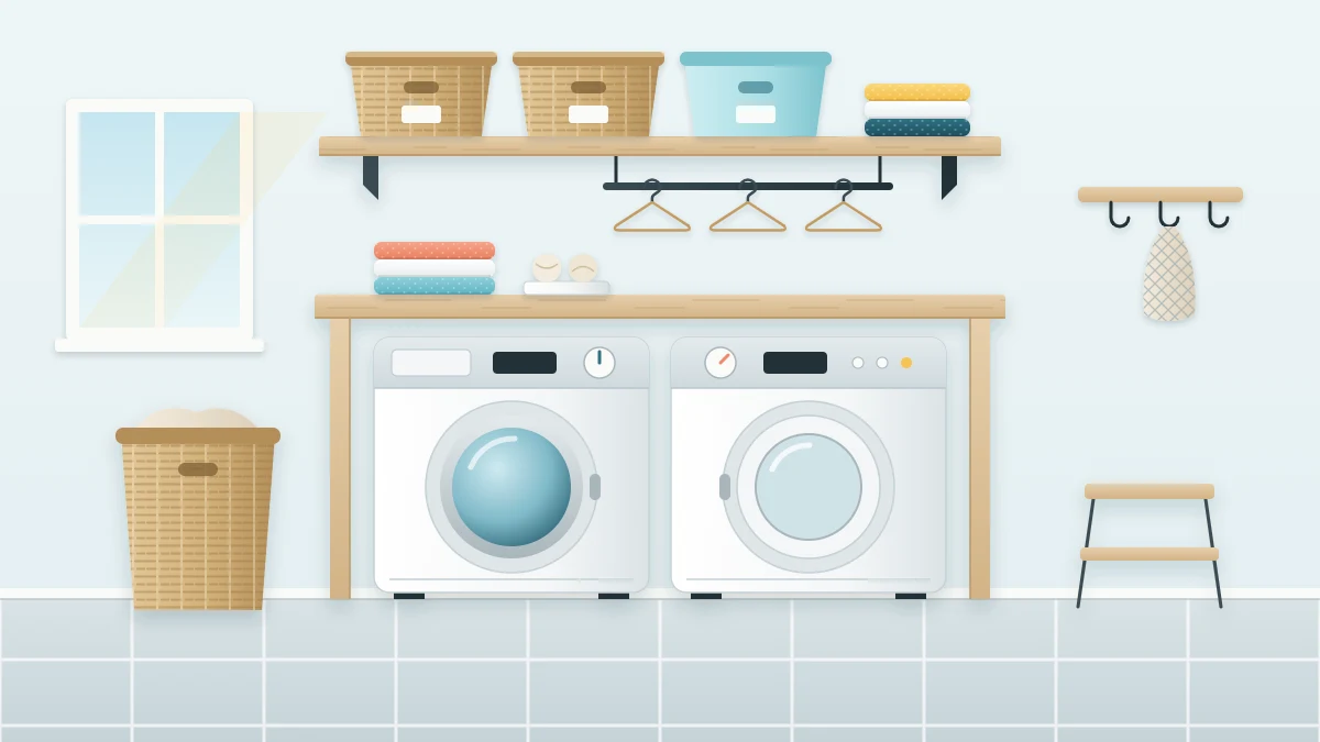 Front-loading washer and dryer side by side under a wooden counter, with a long shelf of baskets and a short hanging rod above